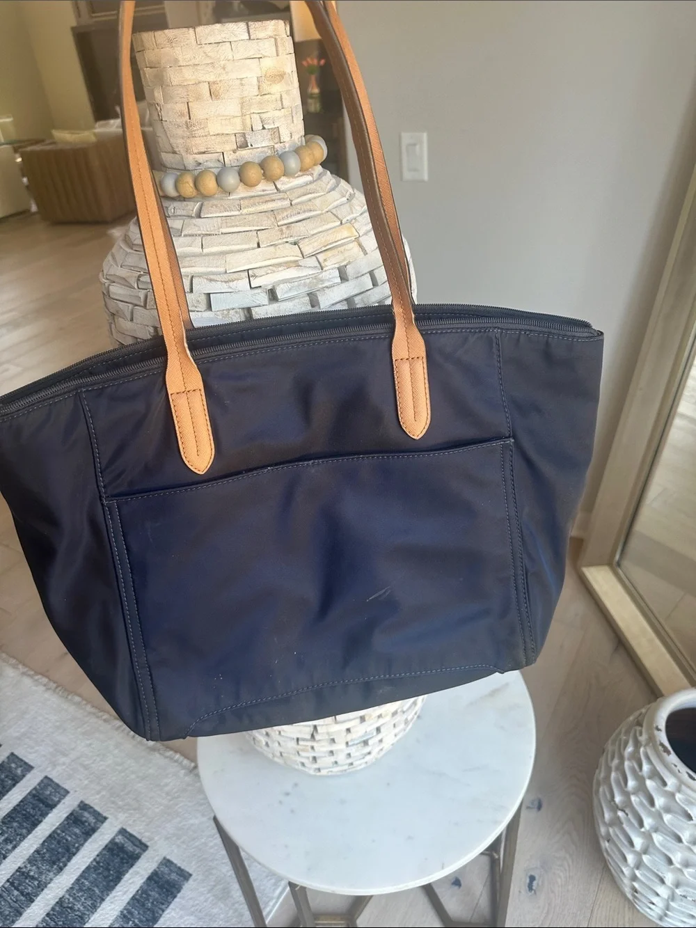 Michael Kors Navy Tote with Tan Leather Handles